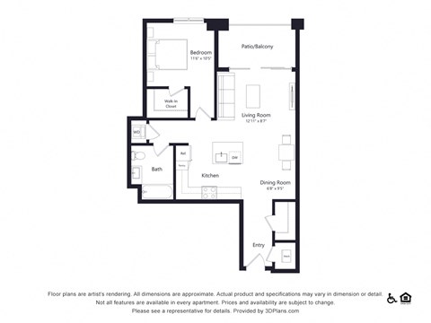 Floor plan for 1 bed, 1 bath, 803 sqft